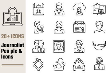 Journalist people and icons set line art graphics