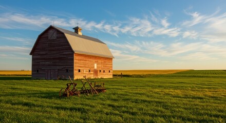 Rustic Barn  Farm Equipment on Field