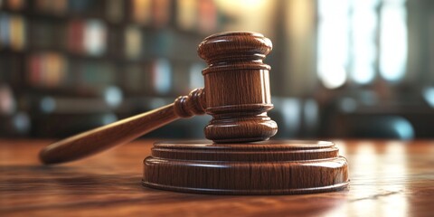 Close-up image of a wooden gavel on top of a dark wooden table, commonly found in courtrooms where legal proceedings take place.