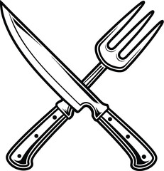 Crossed fork and knife, kitchen utensil icon, dining symbol vector, black and white cutlery, simple food design