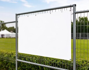 Fototapeta premium Blank white banner hanging on a metal fence with green foliage backdrop