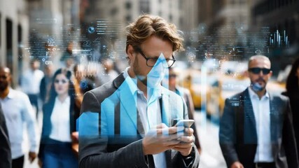 Urban Professional with Smartphone: A businessman wearing a face mask checks his smartphone amidst a bustling city street, overlaid with a digital graph symbolizing data analysis and market trends. - Powered by Adobe