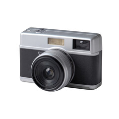 Vintage camera with a silver finish and large lens.