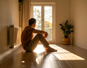 膝を抱え、男性、俯く、鬱、落ち込み、思案、日差し、窓、部屋