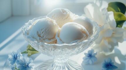 Fototapeta premium A delicious scoops of white ice cream in glass bowl in elegant lighting. The texture of a cold dessert is clearly defined. Traditional taste.