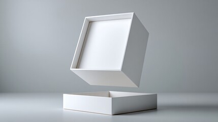 Fototapeta premium A minimalist white box with a floating lid, casting a soft shadow on a seamless surface, creates an abstract and clean aesthetic for various design concepts.