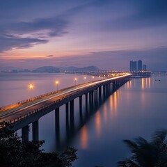 Obraz premium Coastal Bridge at Dusk: A long, elegant bridge gracefully arches across calm waters at dusk.