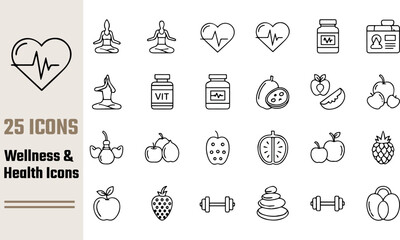 Wellness and health icons set line art graphics