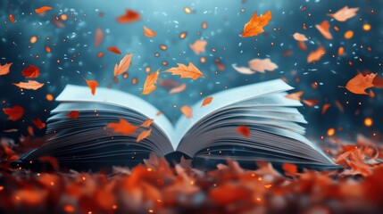 autumn on scene book concept. A book surrounded by floating autumn leaves in a dreamy atmosphere.