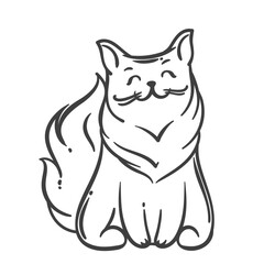 Cartoon doodle style fluffy cat outline sitting with big bushy tail and happy face. Vector illustration of cute cat outline is great for coloring pages, stickers, or children art.