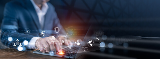 Businessman interacting with AI digital interface on laptop, futuristic icons and binary code background for technology and innovation concept.