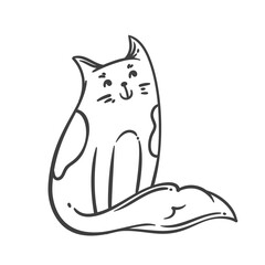 Funny doodle style cat outline with big fluffy tail and cheerful face. Vector illustration of cute cat outline for stickers, coloring, or any kids art project.