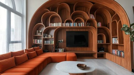 Modern interior blending Nordic and Art Deco styles with elegant furniture and built-in arch shelving - Powered by Adobe
