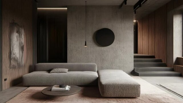 Modern interior featuring boucle couch and raw concrete wall in loft style