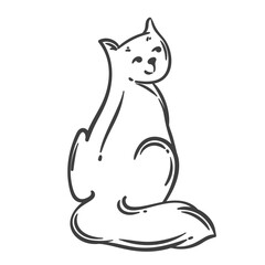 Cartoon doodle style cat outline with curly tail and happy expression. Funny, cute cat outline for coloring pages, stickers, or children crafts. Vector illustration.