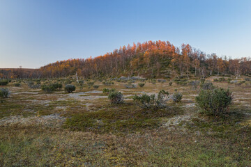Sunset over an autumnal fjell landscape in northern Finland