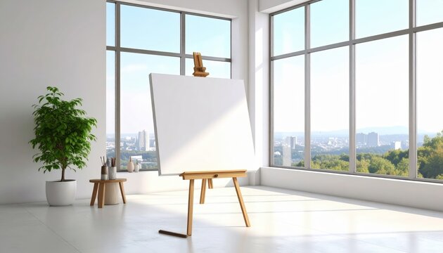 Bright artists studio with blank canvas wooden easel and city view through large windows