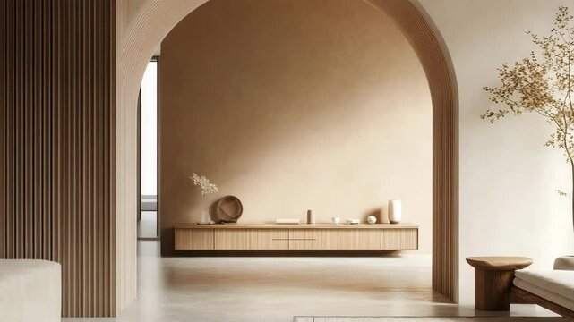 Modern Japandi interior featuring clean lines and elegant arch entrance