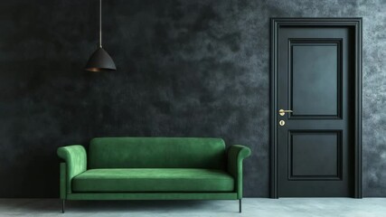 Modern living room interior with green sofa, concrete stucco black wall, and door, home design - Powered by Adobe