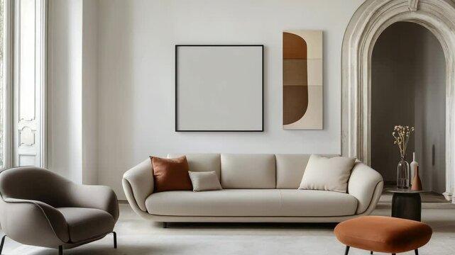 Modern living room with beige sofa, armchair, white wall, and empty mockup poster frame