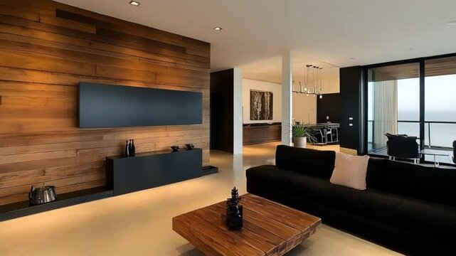 Modern living room with black modular sofa and wooden panel wall accents