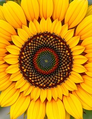 The geometric pattern of a sunflower head viewed from above. 