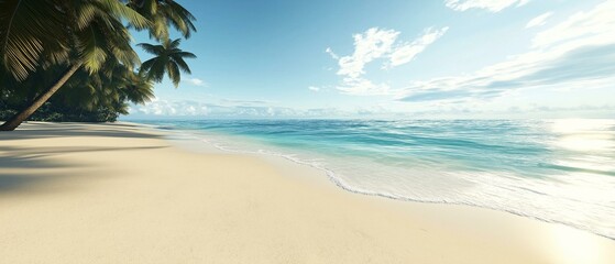 Beautiful landscape of a tropical beach. the sky is blue with white clouds scattered across it. the water is a deep turquoise color and the waves are gently crashing onto the shore.
