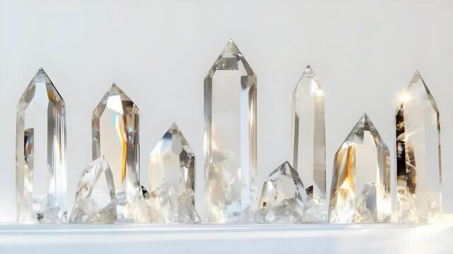 A display of various clear quartz crystals in different shapes and sizes arranged in a row.