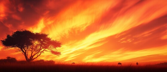 Beautiful landscape of a sunset. the sky is filled with vibrant orange and red hues, with the sun setting in the background.