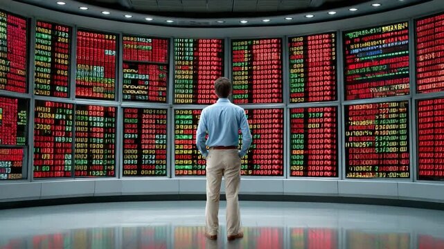 Observer of the Digital Realm: A solitary figure stands captivated before a vast array of data screens, lost in thought within a futuristic, tech-driven environment. 