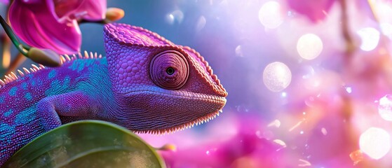 Close-up of a chameleon's head and neck. the lizard is facing towards the right side of the image, with its head slightly tilted upwards.