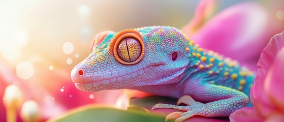 Close-up of a gecko's head and neck. the gecko is perched on a pink flower with green leaves.