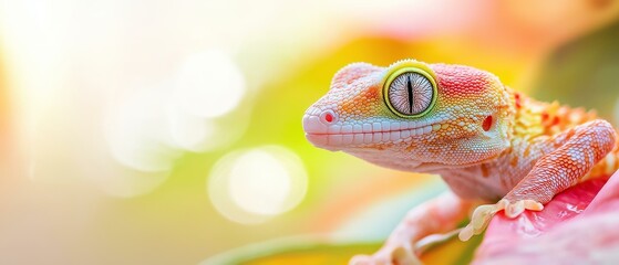 Close-up of a gecko's head and neck. the gecko is perched on a pink flower petal, with its body facing towards the right side of the image.