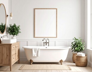 Bright bathroom interior with vintage bathtub wooden vanity and blank frame