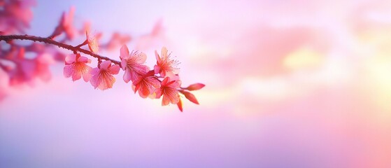 Close-up of a branch of a tree with pink cherry blossom flowers. the branch is in full bloom, with the flowers in various stages of blooming.