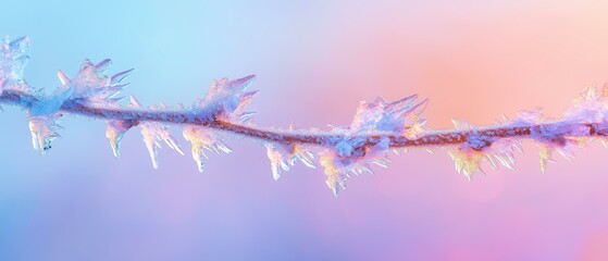 Close-up of a branch of a tree with icicles hanging from it. the branch is covered in a thin layer of frost, with the icicles glistening in the light.
