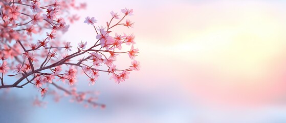 Close-up of a branch of a tree with pink cherry blossom flowers. the branch is in full bloom, with small white flowers scattered throughout.