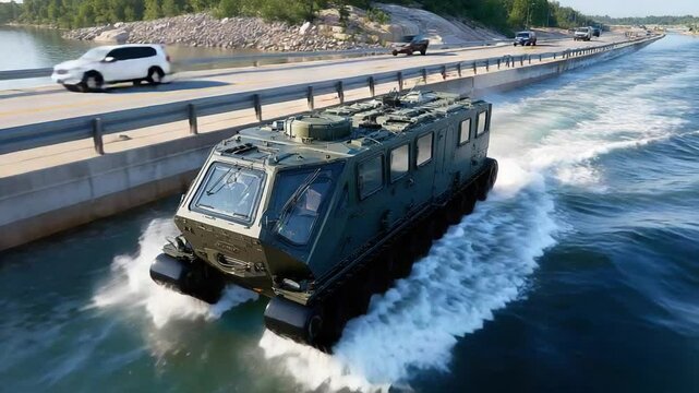 Amphibious Vehicle: A powerful, military-style amphibious vehicle effortlessly glides across the water, transitioning seamlessly from land to sea in a dynamic display of engineering and adventure.