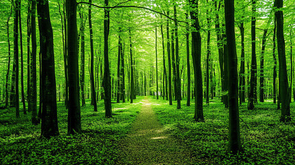 Fototapeta premium Spring primeval forest with a dense, shaded path, natural scenery