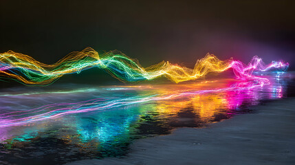 Abstract Light Trails Reflecting Vivid Colors Over Wet Surface in Dark Environment