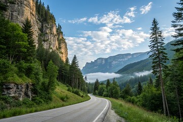 Serene Mountain Road Winding Through Majestic Landscape