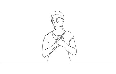 Single one line drawing young woman keeping hands on chest, Smiling friendly female expressing gratitude. Emotion, body language concept. Editablr outline.