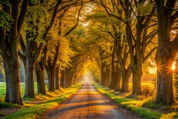Golden Hour Serenity A Tree-Lined Path at Sunset
