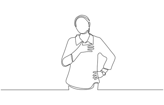 Single one line drawing young woman keeping hands on chest, Smiling friendly female expressing gratitude. Emotion, body language concept. Editablr outline.