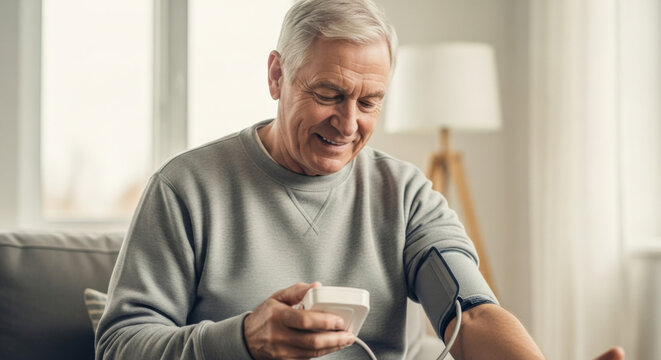 Smiling senior man independently measures his blood pressure at home using a digital tonometer. Concept for elderly healthcare, cardiovascular health check, and proactive self-care.