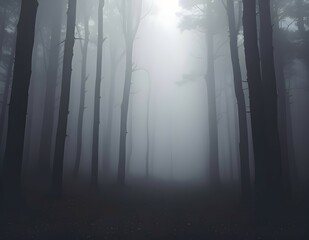 Fototapeta premium A dense fog shrouding a dark forest, with tall, silhouetted tree trunks barely visible through the mist. 