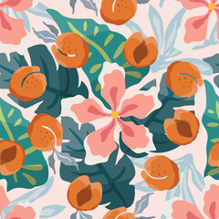 Tropical theme seam less pattern with pink flowers and peaches. Vector illustration.