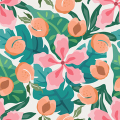 Tropical theme seam less pattern with pink flowers and peaches. Vector illustration.