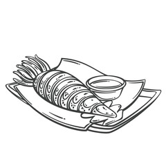 Whole fried squid served with dipping sauce on a plate, detailed in a bold outline engraving style. Popular Asian street food snack. Outline vector illustration for menu, packaging, or food branding.