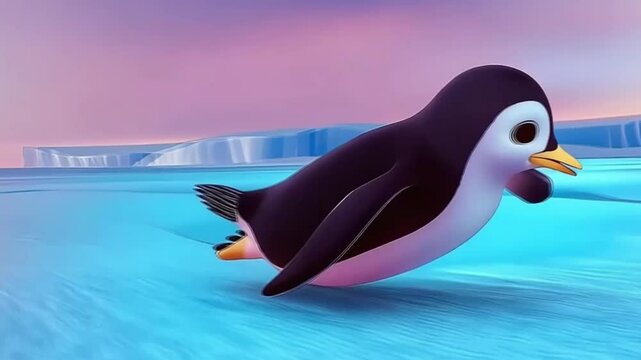 A 3D cartoon penguin superhero sliding on ice in an icy tundra at twilight